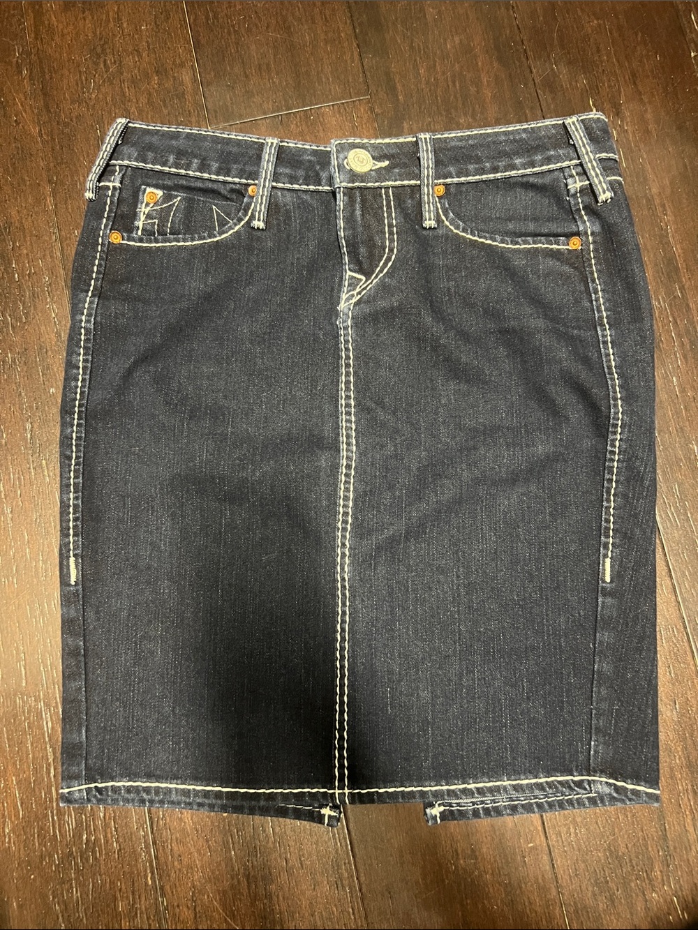 True Religion Dark Indigo Denim Pencil Skirt with Contrast Stitching